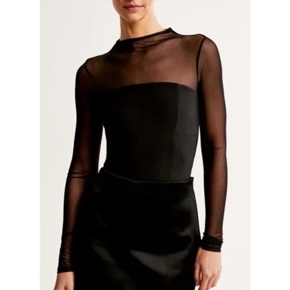 Abercrombie & Fitch Sheer Mesh Mock Neck Bodysuit Small Black Edgy Sleek Club